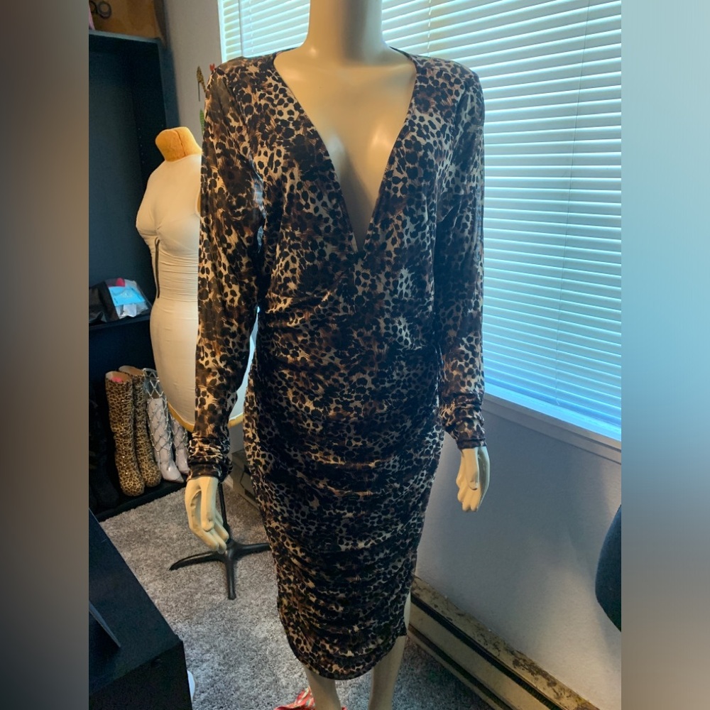 Deep V Animal Print Sheer Dress